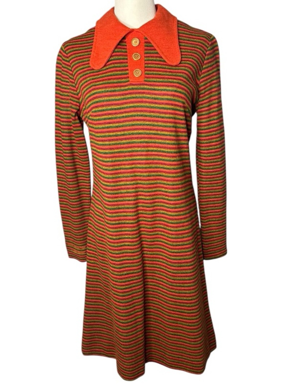 Vintage 1970s Butterfly Collar Striped A-Line Dress - Picture 2 of 12